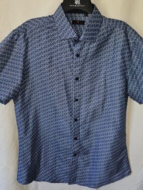 BC COLLECTION Men's Blue Patterned Short-Sleeve Dress Shirt